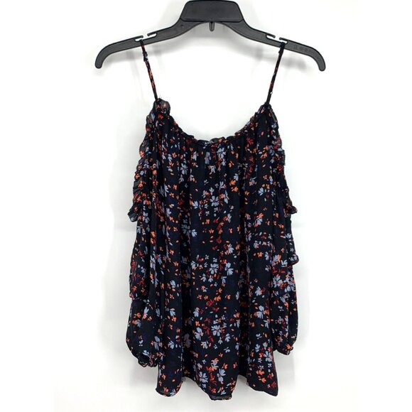 Parker Top Black 100% Silk Floral Cold Shoulder Long Sleeve - Picture 9 of 11